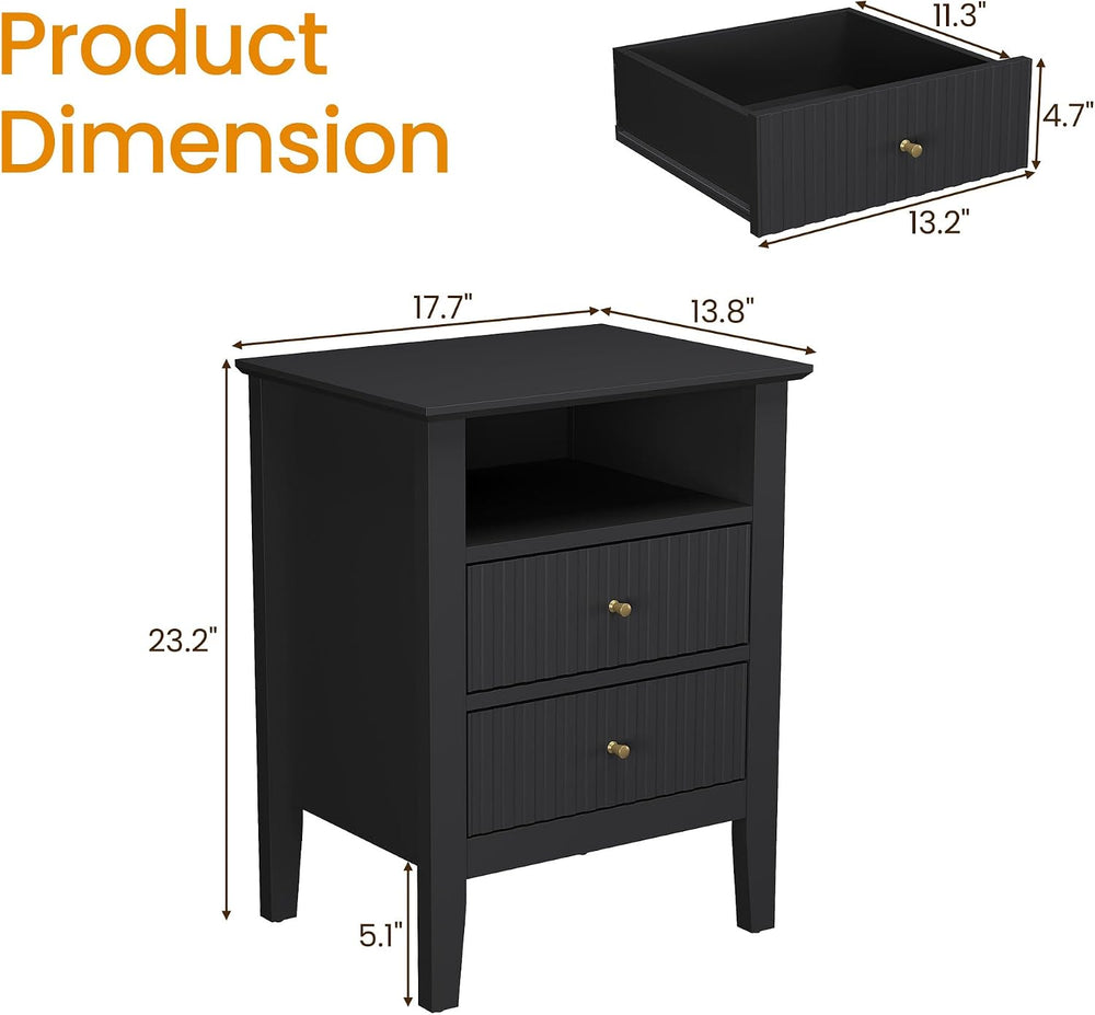 RoyalCraft Black Fluted Nightstand Set of 2, Colorful Nightstand with 2 Drawe...