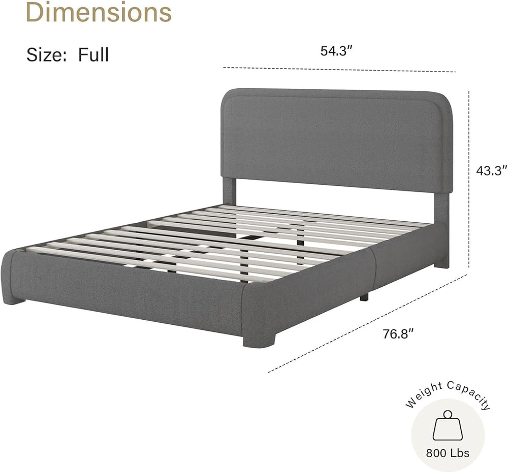BarnFurin Full Bed Frame, Cloud Boucle Headboard, Low Profile, Dark Grey
