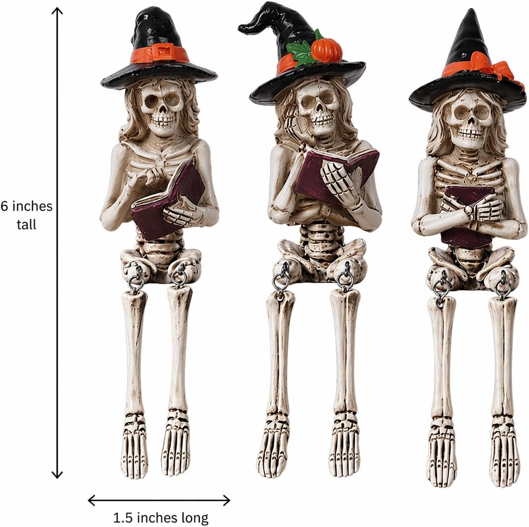 Dlfghos 3 Pieces Halloween Skeleton Statue Halloween Skull Figurine Home Decor Reading Skeleton Figurines Decorations for Indoor Fireplace Home Kitchen Desk Office Party