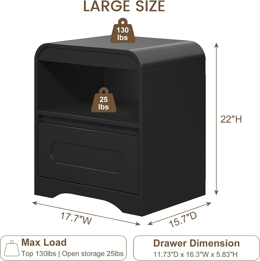 Wood Nightstand with Drawers, Curved Bedside Side End Table w/Open Storage