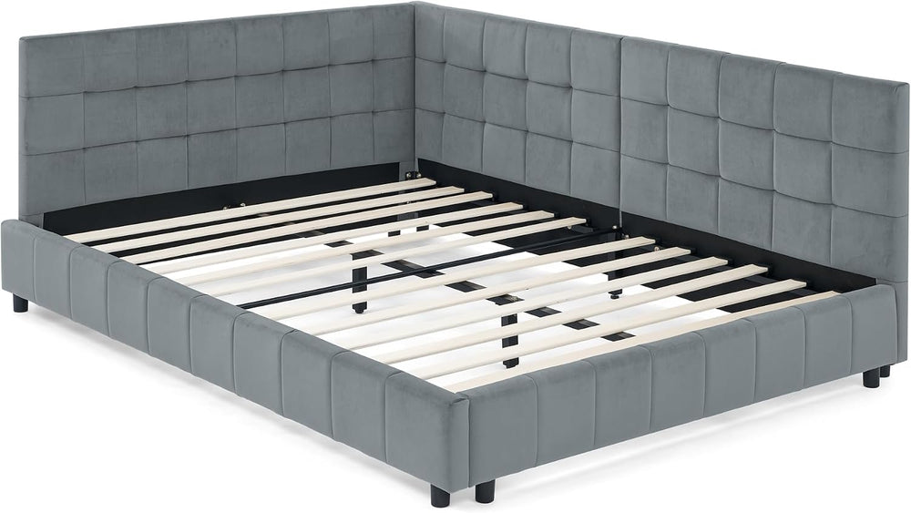 SOFTSEA Full Size Upholstered Corner Bed, Modern Daybed with L-Shaped Backres...