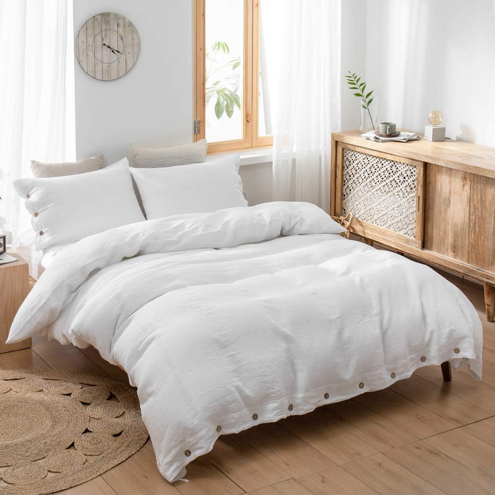 Simple&Opulence 100% Washed Linen Duvet Cover, 3 Pieces Natural Flax Fren...