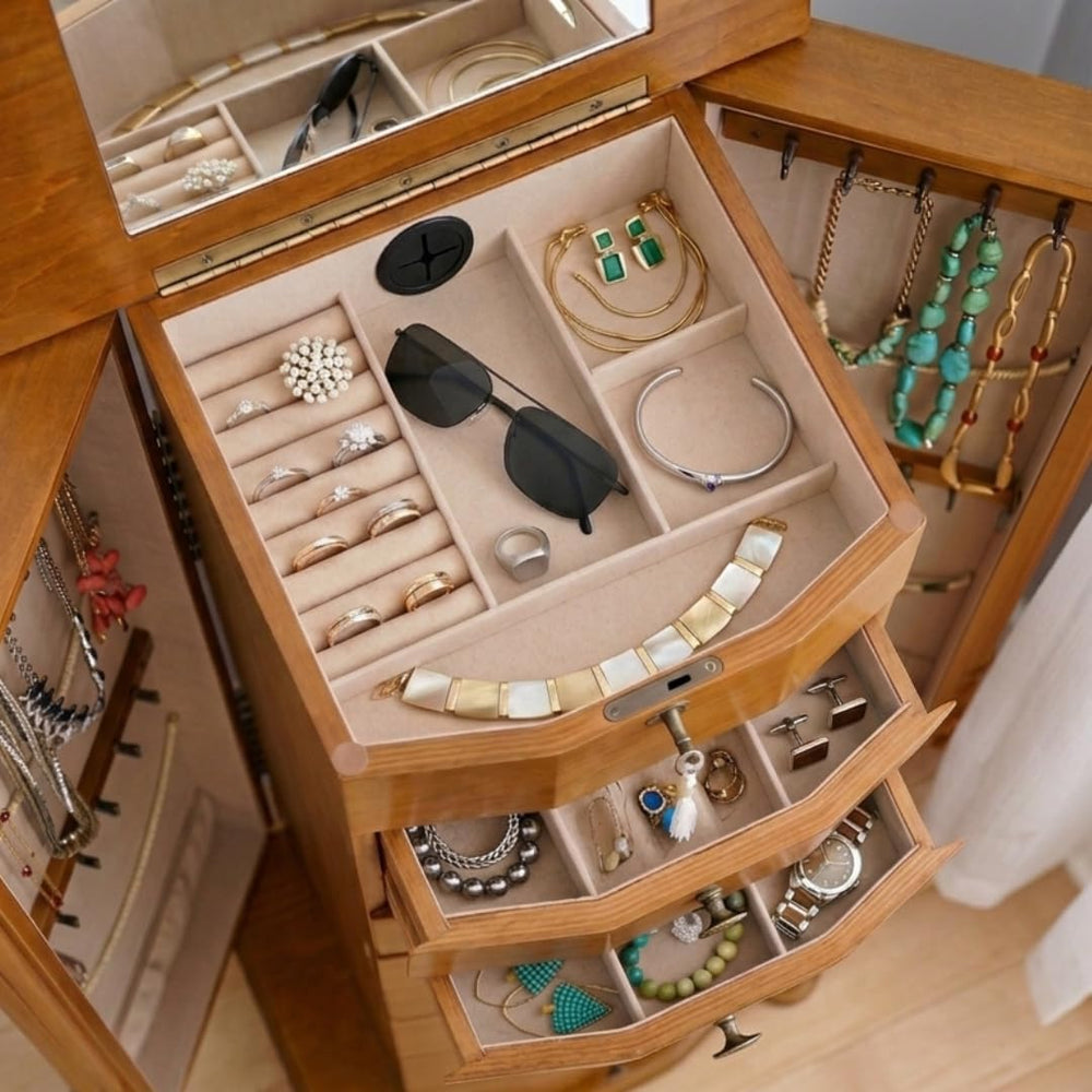Hives and Honey Henry Locking Jewelry Armoire with Charging Port – 8 Drawer A...