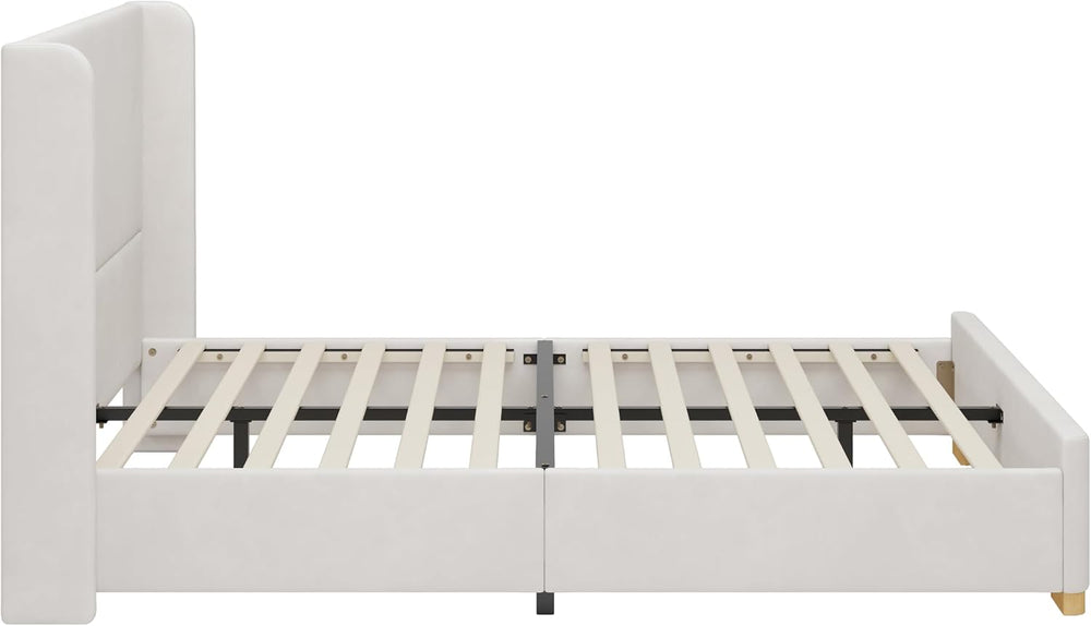 Queen Size Upholstered Platform Bed Frame with Wingback Headboard