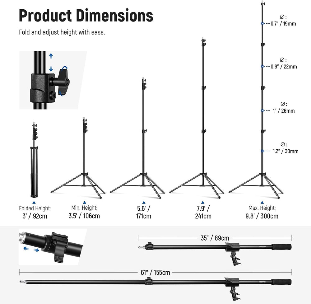 NEEWER Air Cushioned Aluminum Light Stand, 9.8ft/3m Adjustable Photography St...