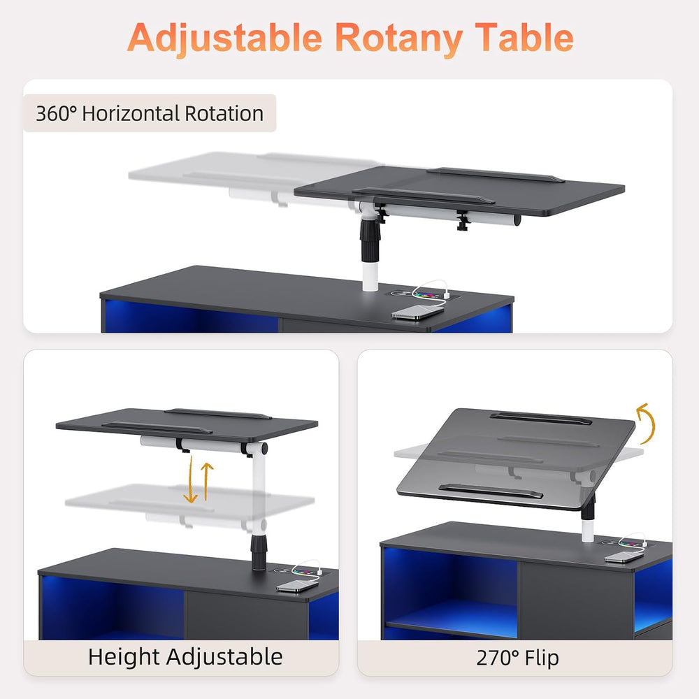Nightstand with Adjustable Rotary Table,Charging Station(Black)