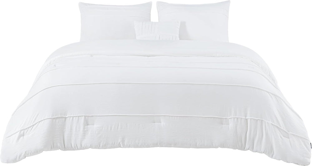 Bedsure Twin Comforter Set 3 Piece, White Boho, Pinch Pleat, All-Season