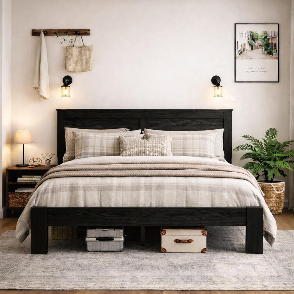 Wooden Bed Frame King Size with Headboard, Farmhouse Platform Bed