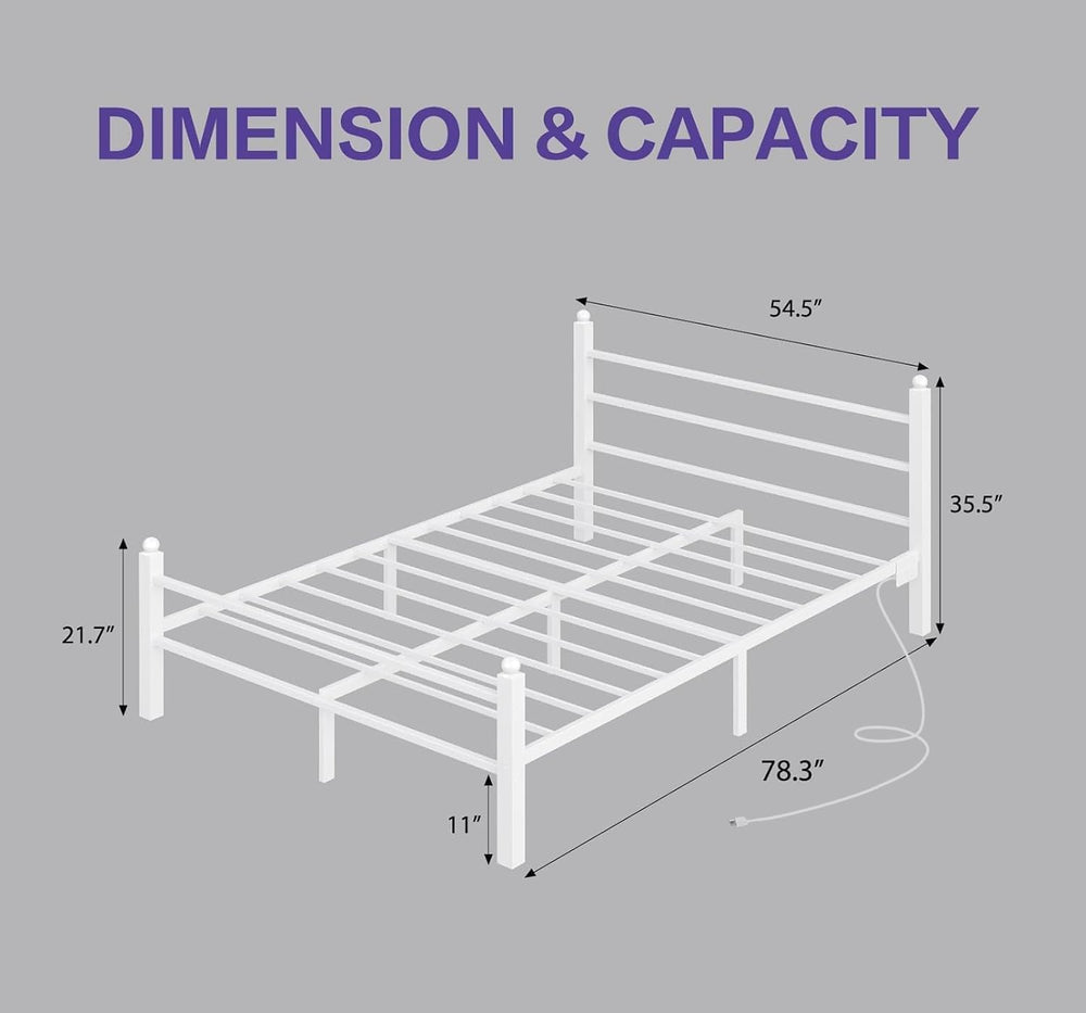 CollaredEagle Full Bed Frame with LED Lights and Charging Station, White