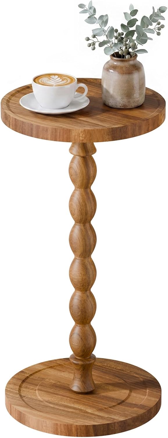 Small Round Side Table, Acacia Wood Drink Table for Small Spaces