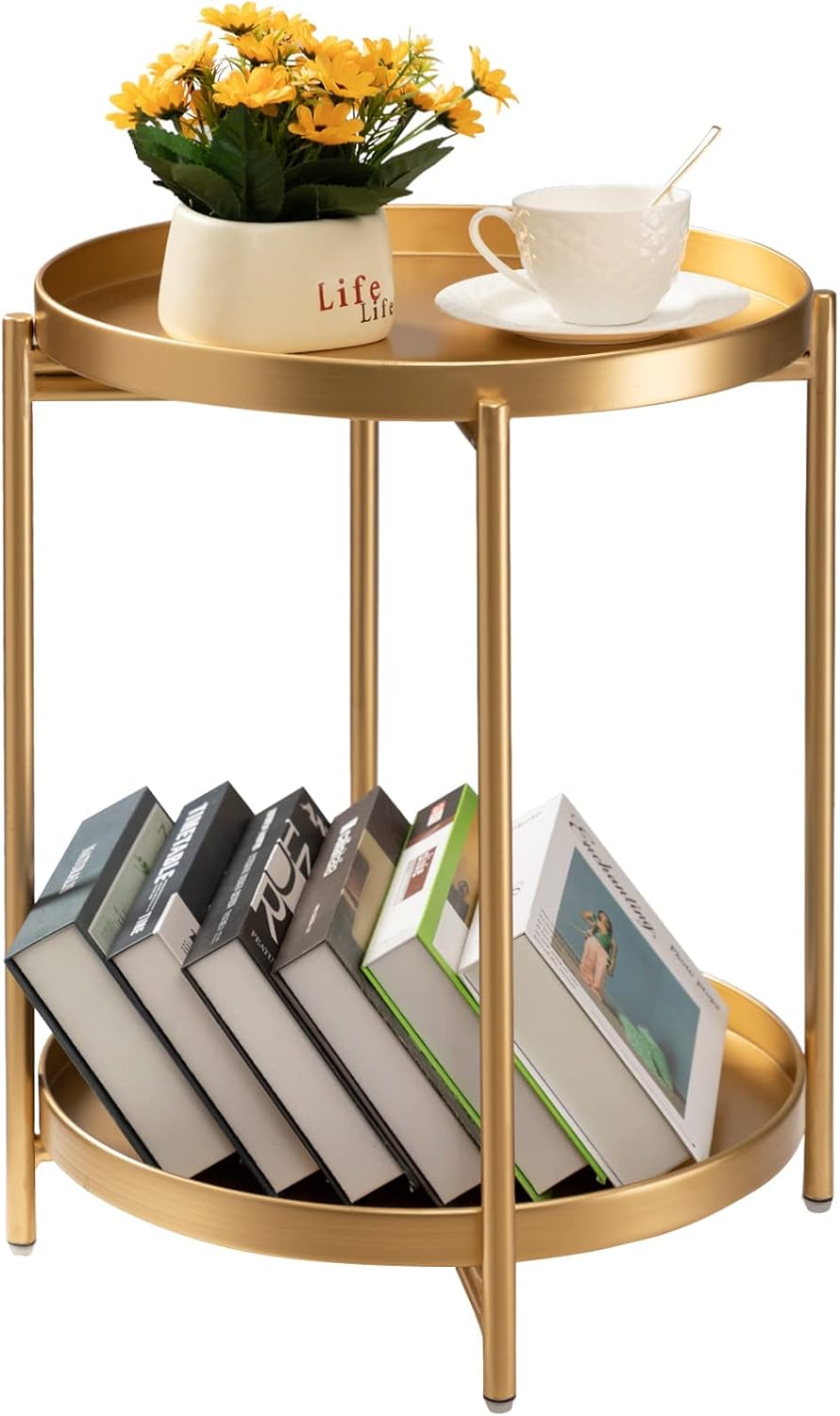 TeoKJ 2 Tier Gold Side Table, Folding Round Metal End Table Small Nightstand ...