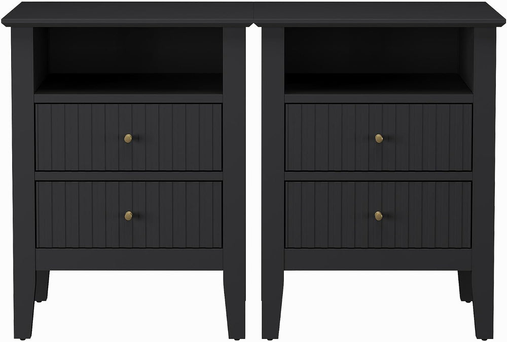 RoyalCraft Black Fluted Nightstand Set of 2, Colorful Nightstand with 2 Drawe...