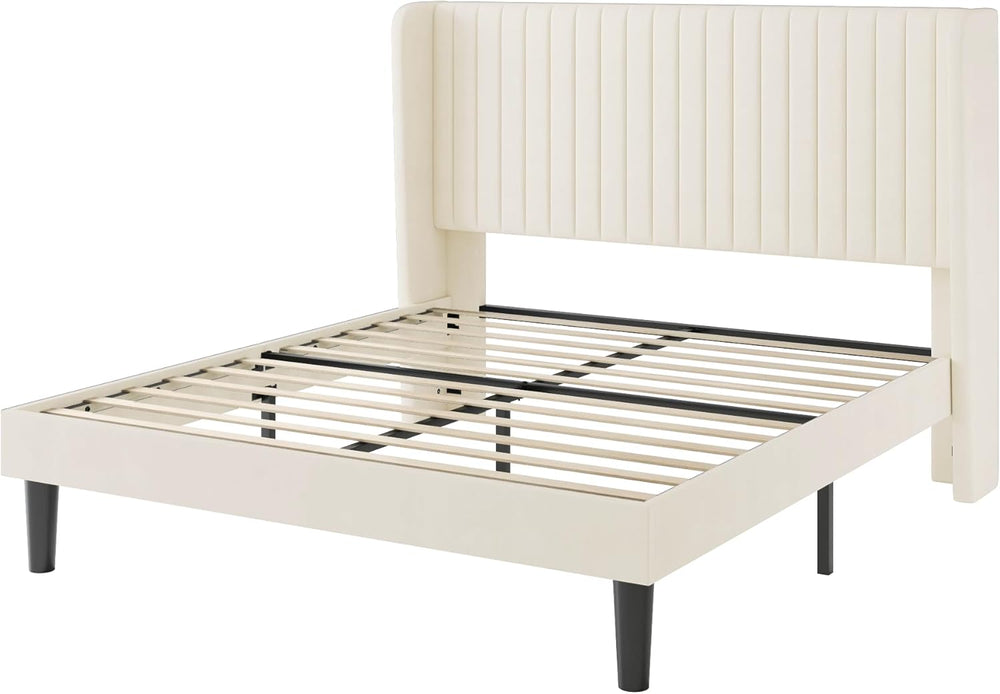 SHA CERLIN Full Size Velvet Bed Frame, Tufted Wingback Headboard, Cream