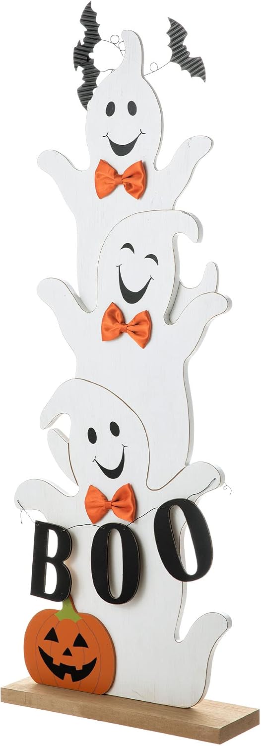 Glitzhome 37.5'H Halloween Wooden Stacked Ghost Porch Sign, Farmhouse Ghost Standing Decor with Base, Rustic Welcome Sign for Home Party Decor