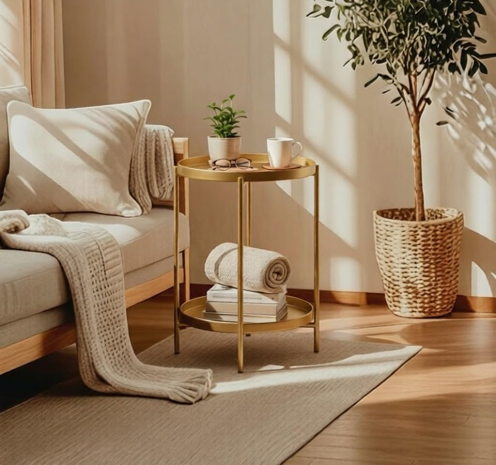 TeoKJ 2 Tier Gold Side Table, Folding Round Metal End Table Small Nightstand ...