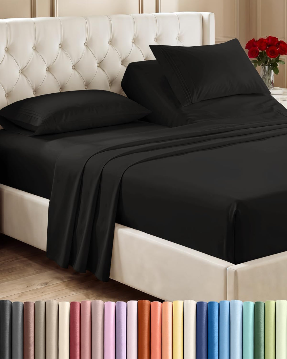 Flex Top Split Head King 4 Piece Sheet Set - Ultra-Soft, Breathable - Black
