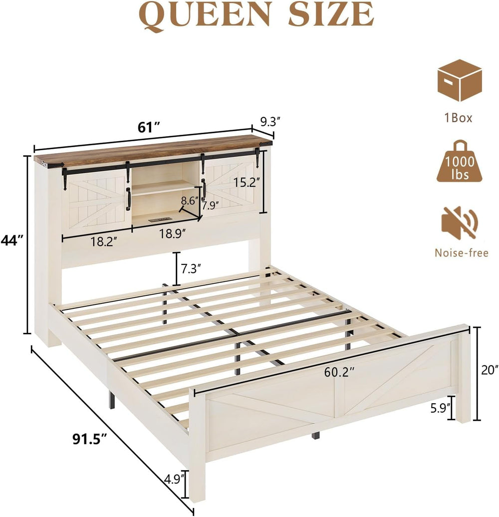 LUXOAK Queen Size Farmhouse Platform Bed Featuring Storage Headboard