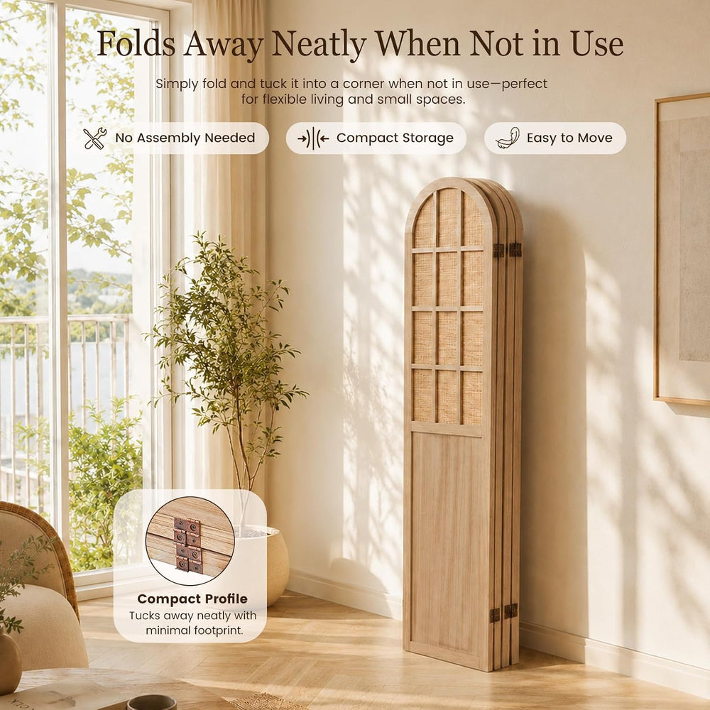 4 Panel Room Divider Privacy Screen Bamboo Wood Light Brown