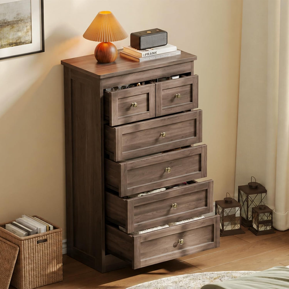 wanan Tall 6 Drawer Dresser for Bedroom, Gray Walnut Modern 43.3'' Ta...