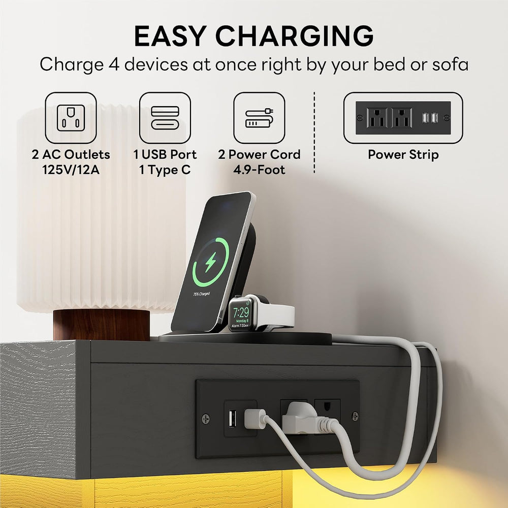 LIKIMIO Nightstand Set of 2 with Charging Station LED Light 2 Drawers Grey