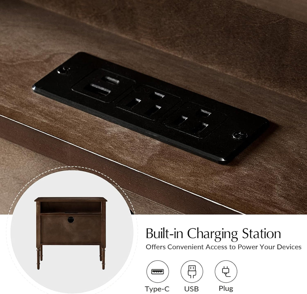 HULALA HOME Solid Wood End Table with Charging Station, Walnut, Set of 2