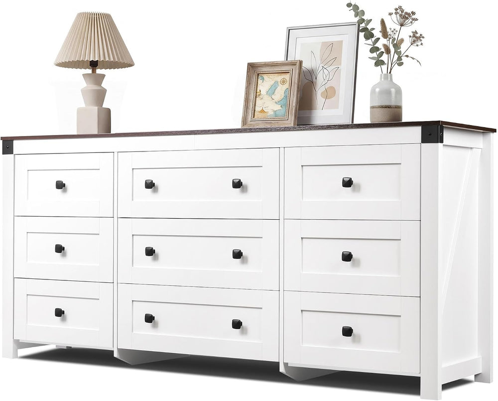 9-Drawer 62.2"W Farmhouse TV Stand for TVs up to 70 Inches, White