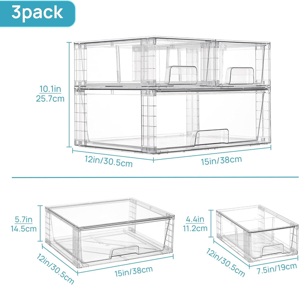 Vtopmart Clear Stackable Storage Drawers, 3 Pack Wide Organizer Set