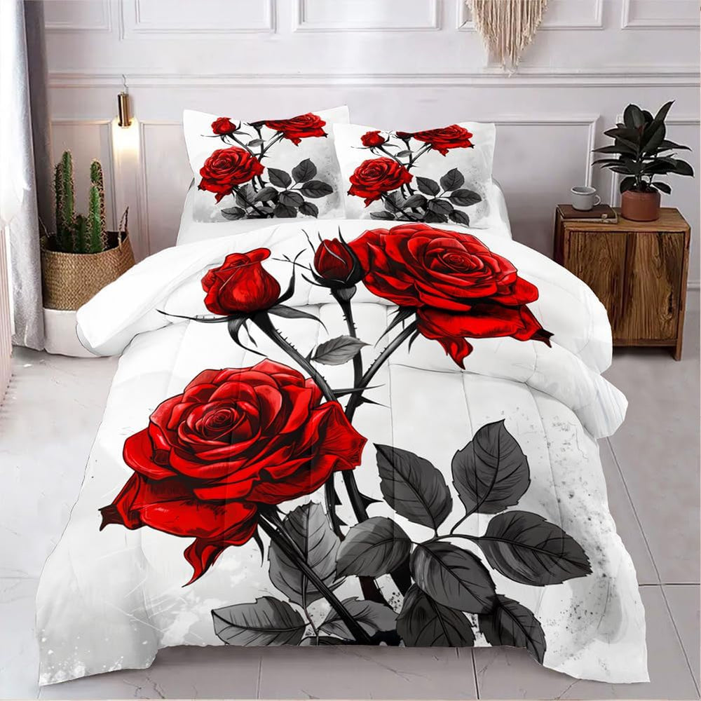 CCoutueChen Floral Comforter Set Red Rose Green Botanical Bedding King