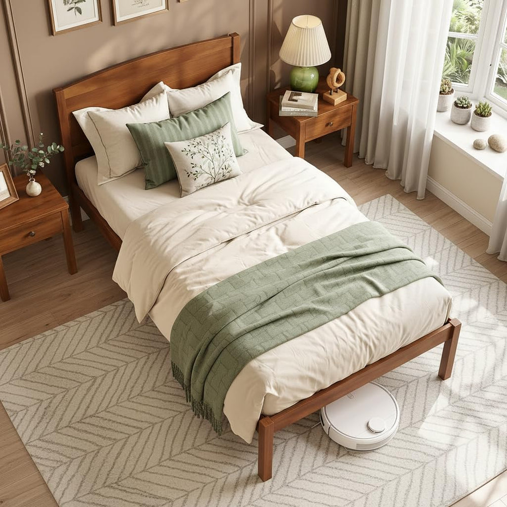 KOMFOTT Twin Size Bed Frame, Wooden Platform Bed with Curved Headboard