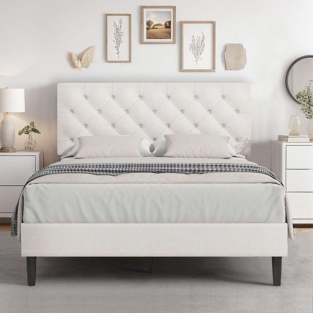 hombck full bed frame with adjustable headboard, white, main product view