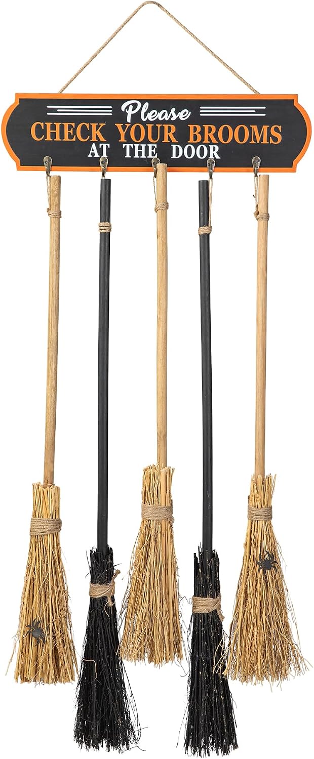 Glitzhome 42”H Halloween Porch Decoration Broom Parking Sign with 5 Wooden Wi...