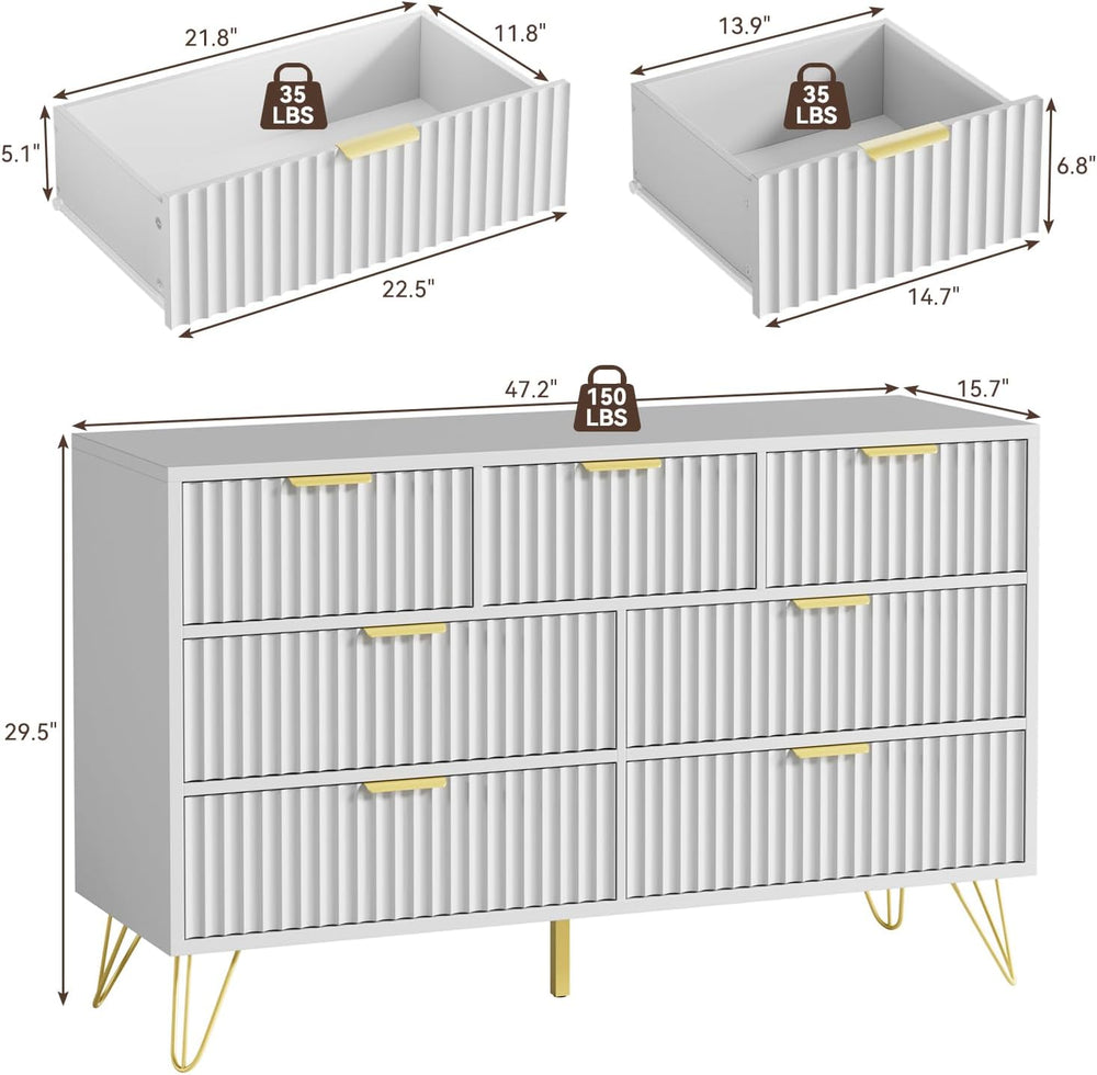 LYNSOM Fluted Dresser for Bedroom, White 7 Drawer Dresser with Gold Handles a...