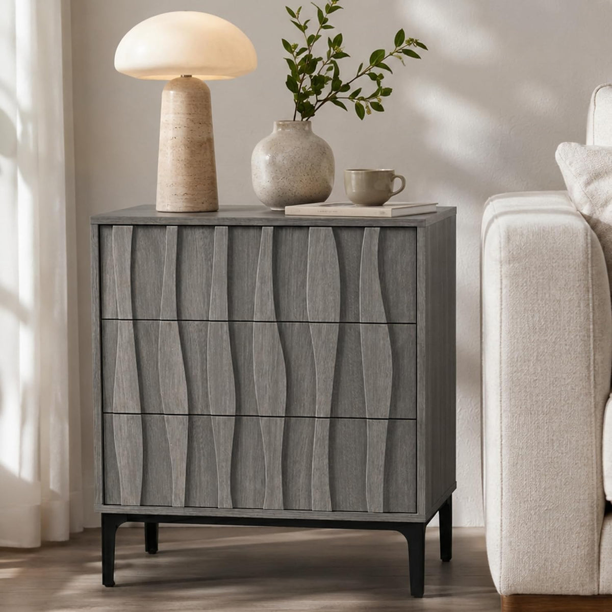 fluted 3‑drawer nightstand, 3d wave front table, gray, view 9