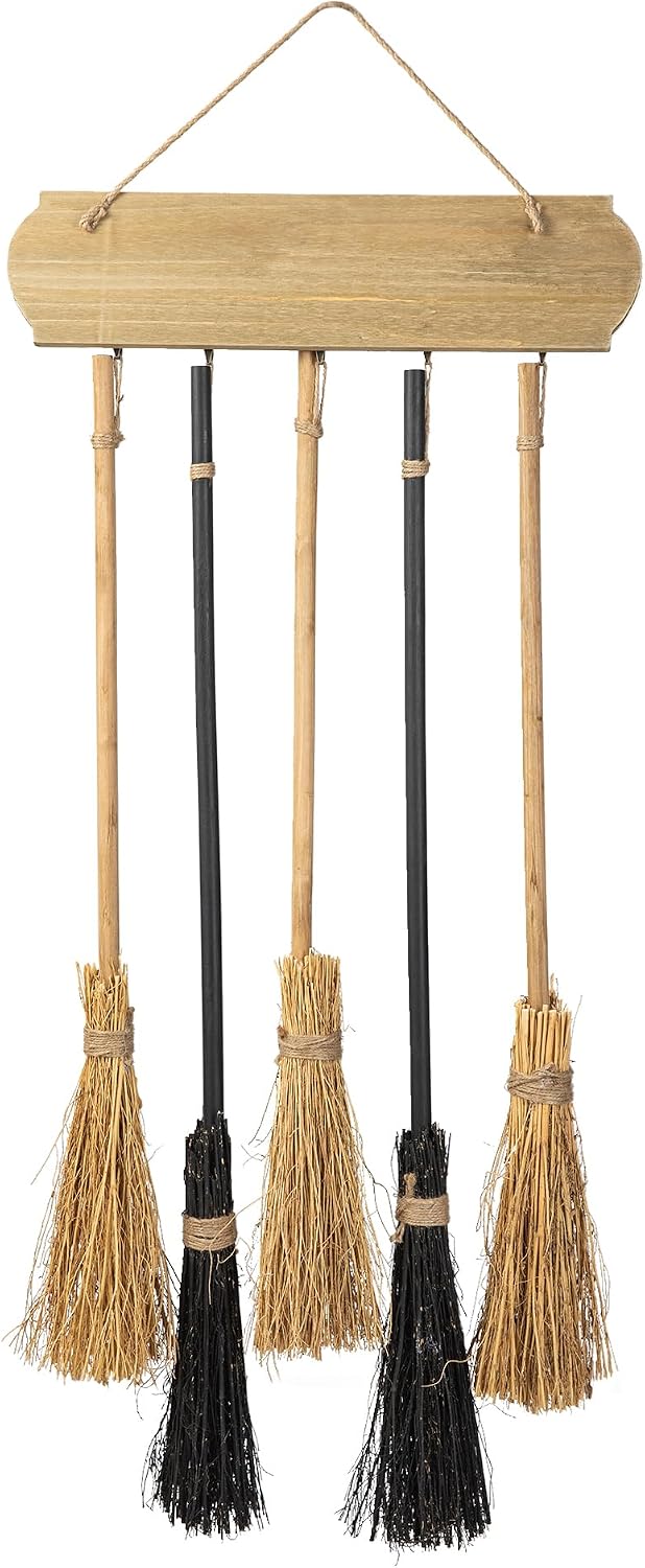 Glitzhome 42”H Halloween Porch Decoration Broom Parking Sign with 5 Wooden Wi...