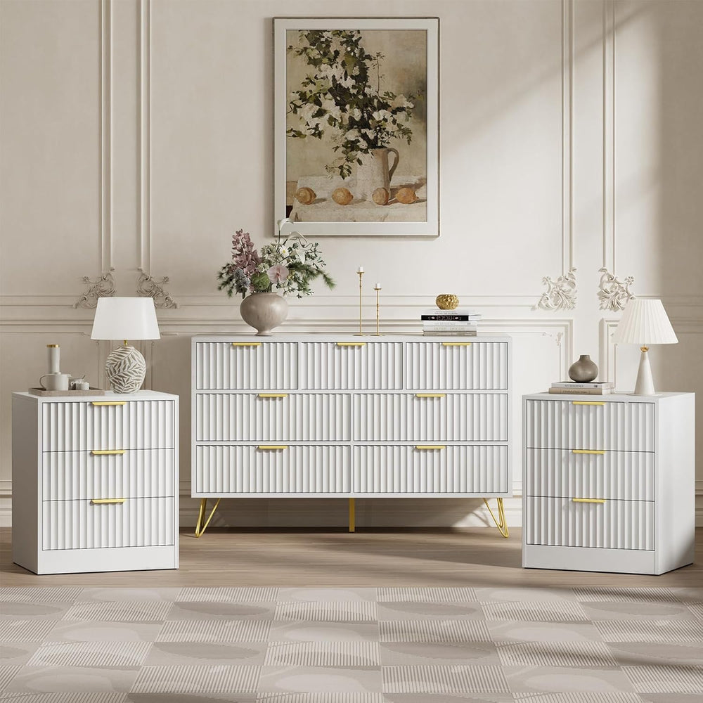 LYNSOM Fluted Dresser for Bedroom, White 7 Drawer Dresser with Gold Handles a...