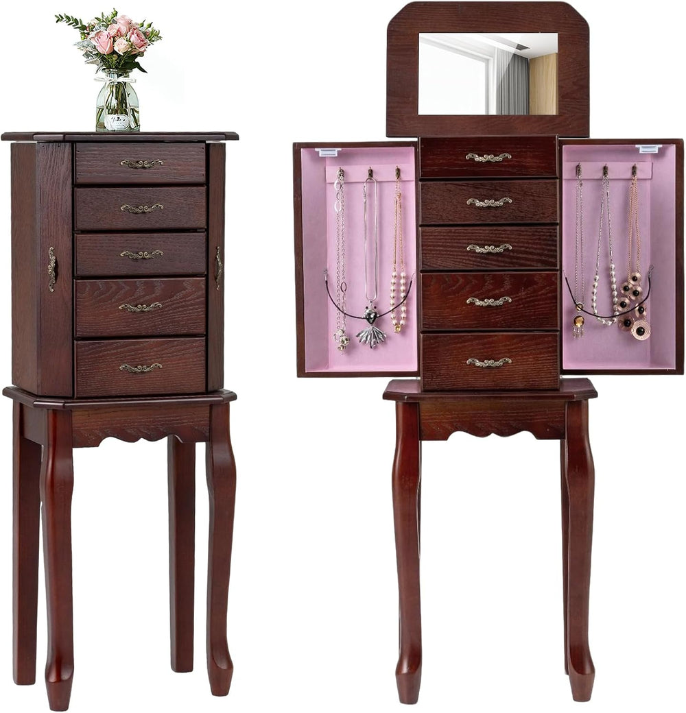 CHARMAID Standing Jewelry Cabinet with 4 Drawers, Flip Top Mirror, Walnut