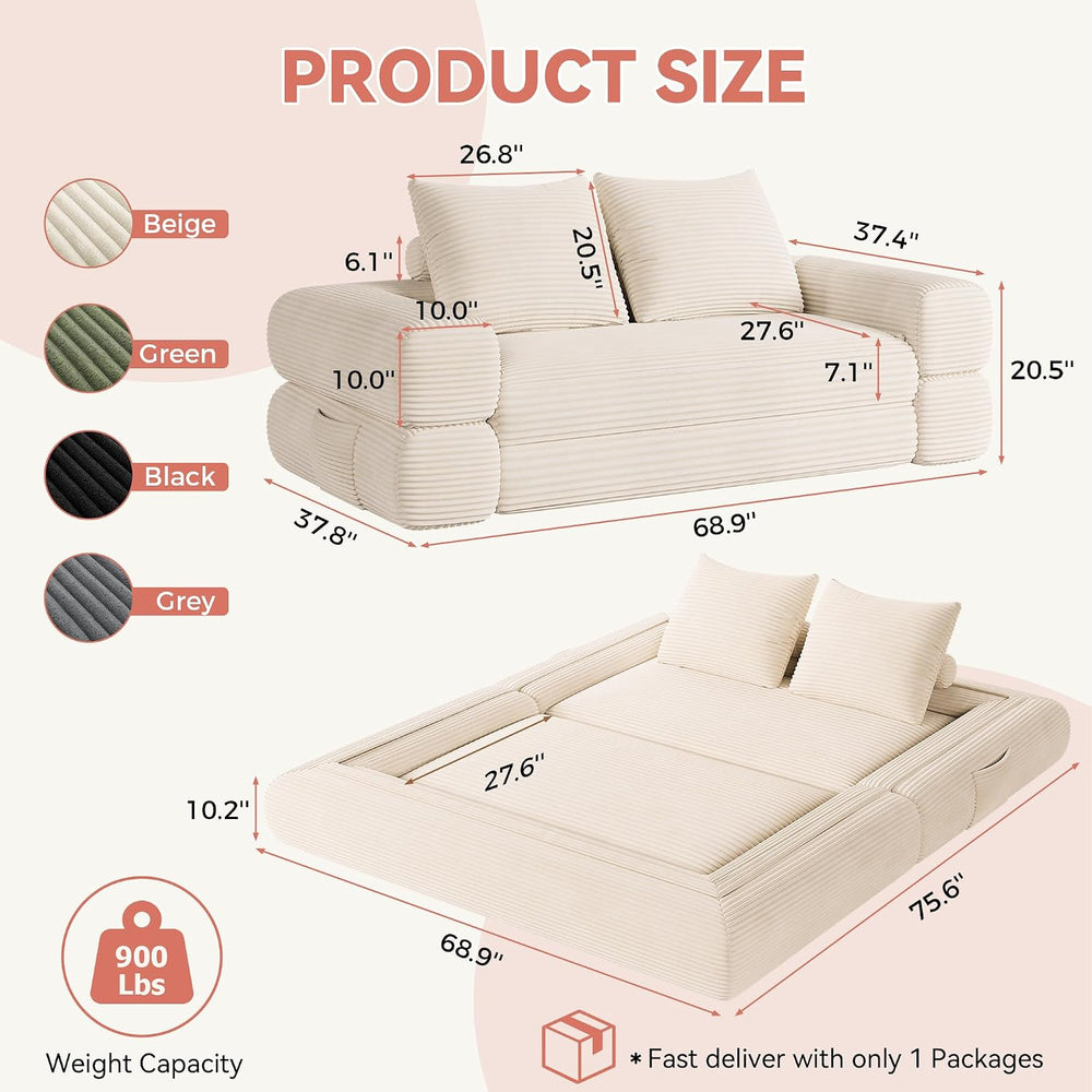 Jocoevol 4-in-1 Convertible Folding Sofa Bed, 78"W x 68"L Queen Siz...