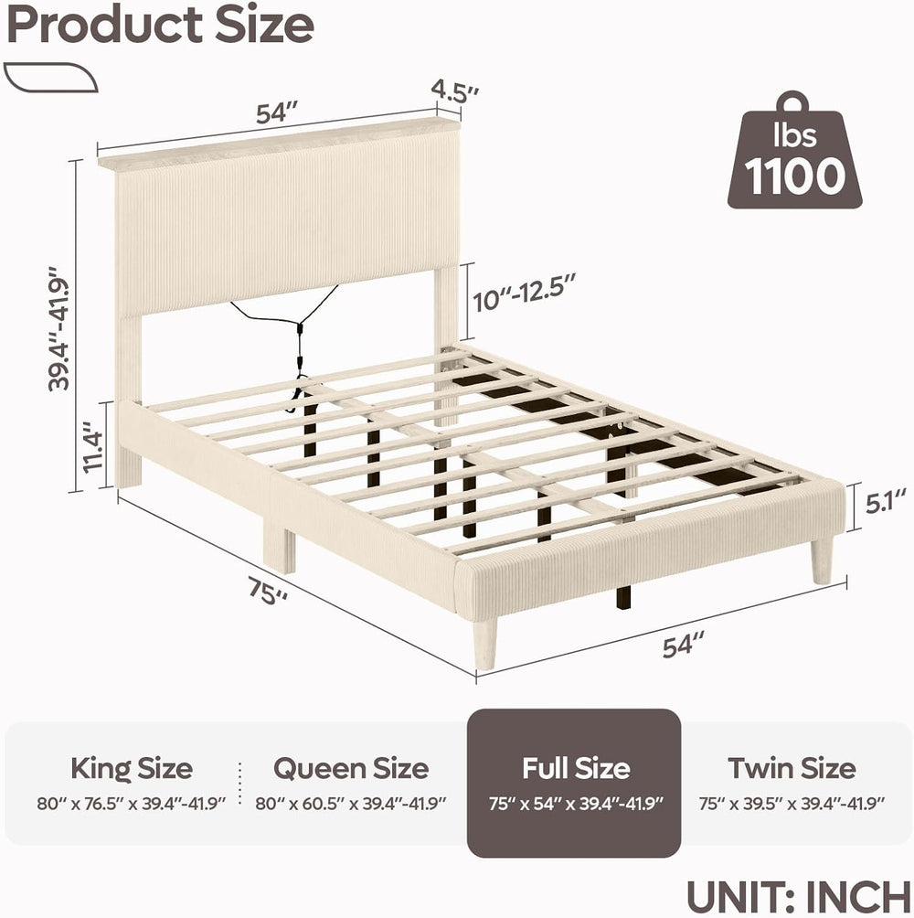 Bestier Full Bed Frame with Adjustable Headboard & LED, Upholstered, Beige