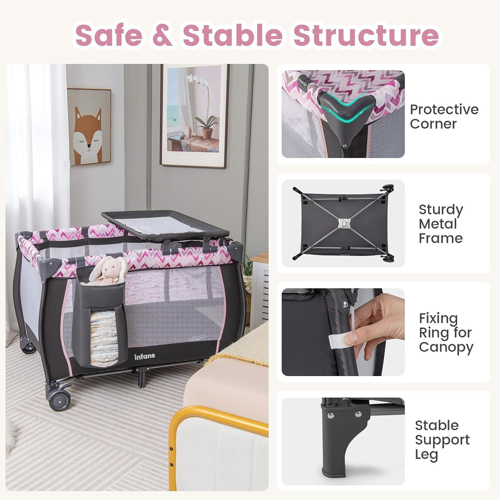 INFANS 4 in 1 Pack and Play with Bassinet, Changing Table, Storage Basket