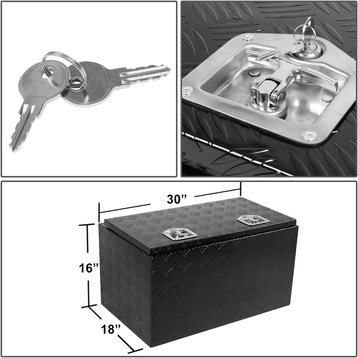 auto dynasty 30'' aluminum pickup truck tool box showing dimensions