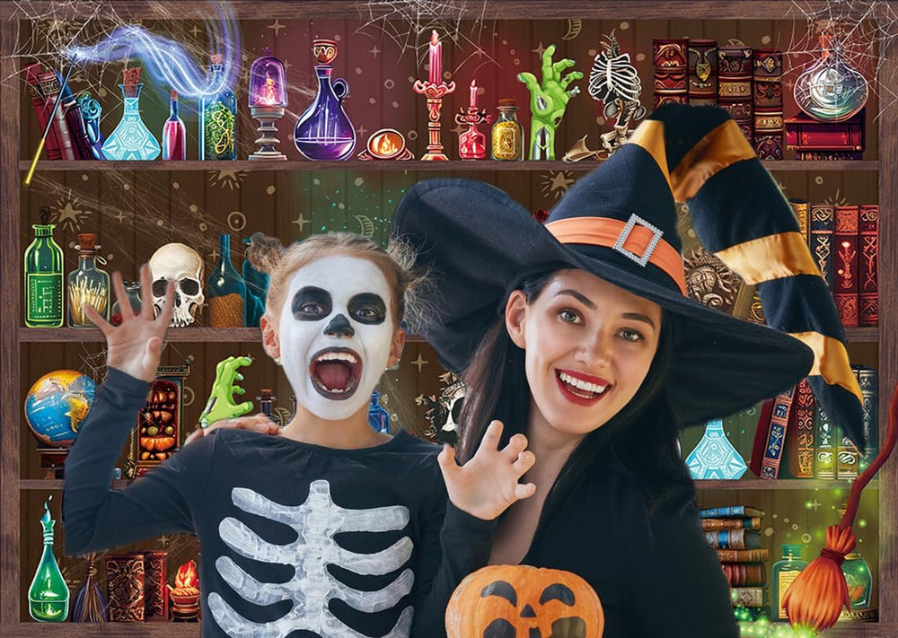 Halloween Magic Potion Shelf Backdrop Bookshelf Spooky Witch Skulls Backgroun...