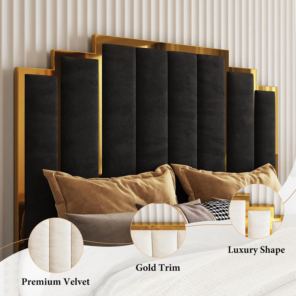 AMERLIFE Queen Size Velvet Upholstered Bed with Gold Trim Headboard, Black