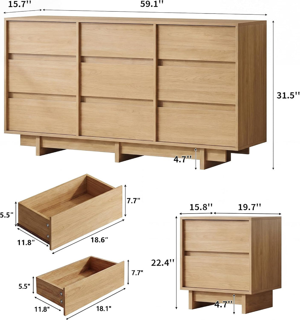 59in Oak 9 Drawer Dresser & 2 Nightstand Set, 3 Pcs Bedroom Furniture
