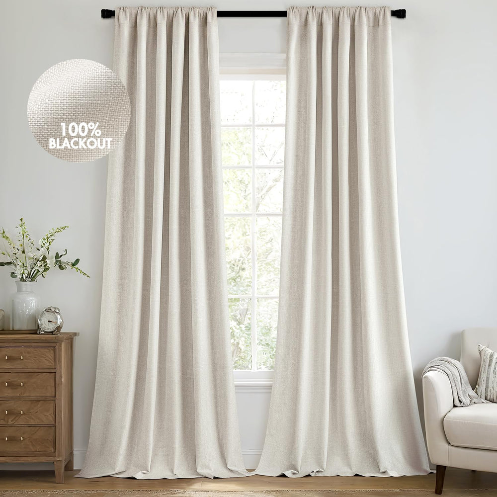 MIULEE 100% Blackout Back Tab Pleat Linen Curtains 50" Wx108 L,Birch