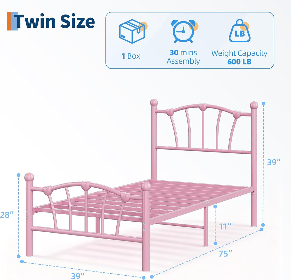 GarveeHome Twin Size Bed Frame, Metal Bed Frame with Headboard, Pink