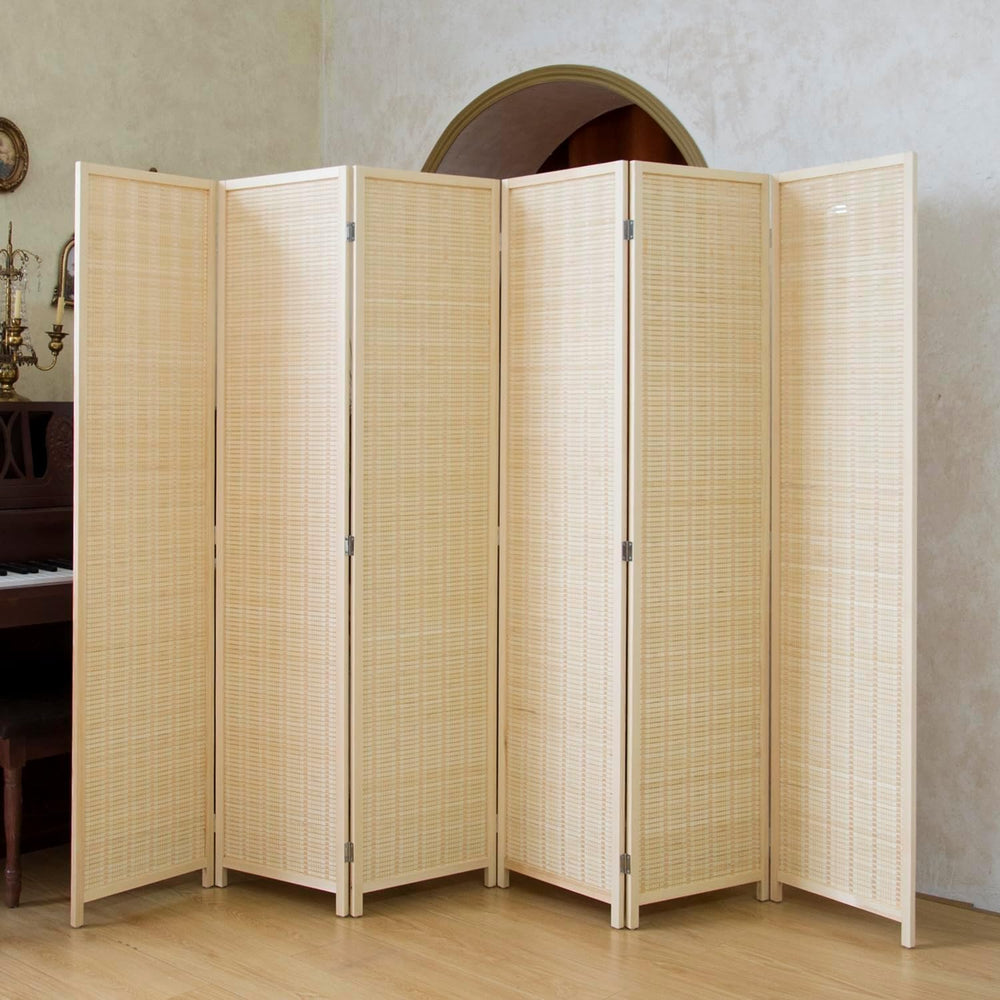6 Panel Bamboo Room Divider - 5.6 ft Tall Natural Beige Folding Privacy Scree...