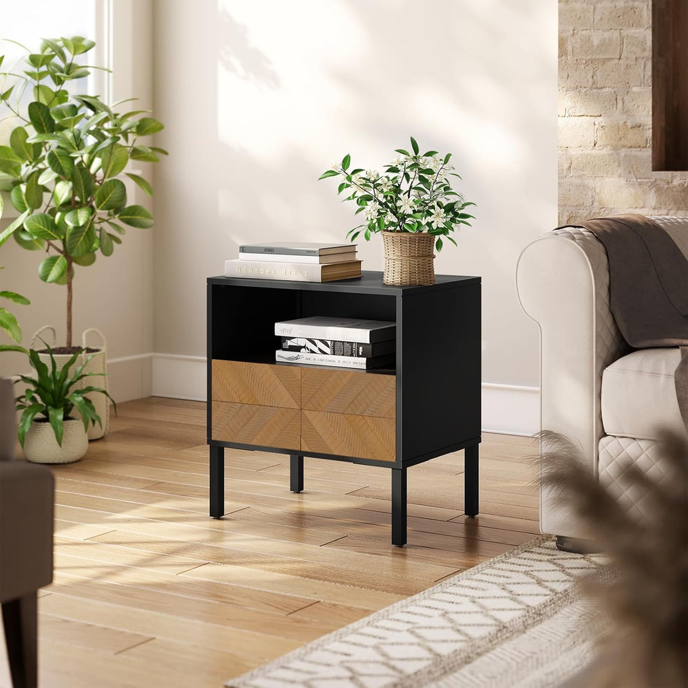 Bme Vivian Solid Wood Nightstand, End Table, Bedside Table with Herringbone P...
