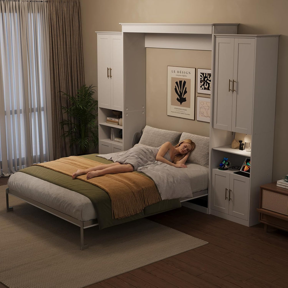 Murphy Bed Queen with 2 Storage Cabinets and USB Port, White