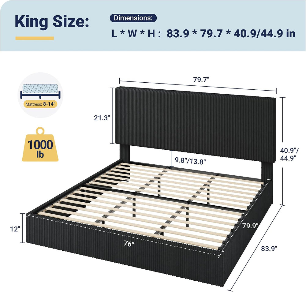 Allewie King Bed Frame, Adjustable Corduroy Headboard, Platform, Black