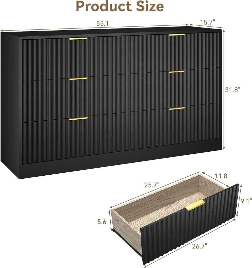 Black 6 Drawer Dresser for Bedroom, 55" Wide Fluted Chest of Drawers wit...